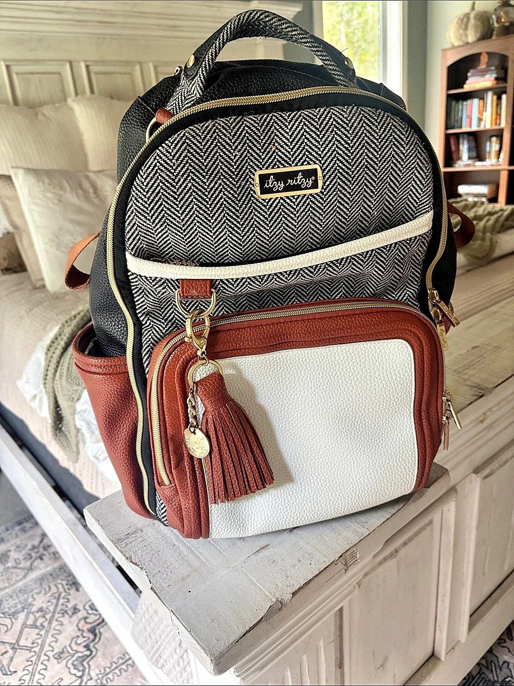 Itzy Ritzy Boss Backpack Diaper Bag Houndstooth Black & Brown